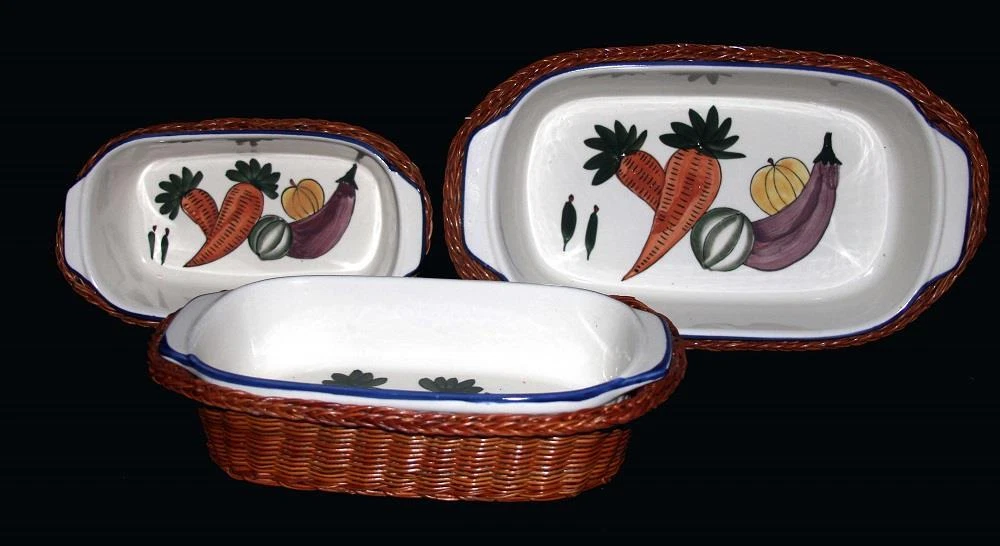 6-Pc Hampton Direct Vegetable Theme Loaf Baking Dishes & Wicker Baskets Unused