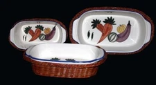 6-Pc Hampton Direct Vegetable Theme Loaf Baking Dishes & Wicker Baskets Unused