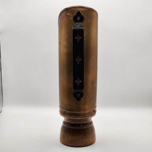 Vintage Kupfer Kammer Kerzenständer Holzsockel schwarz Gusseisen Griff Schild - Bild 5 von 12
