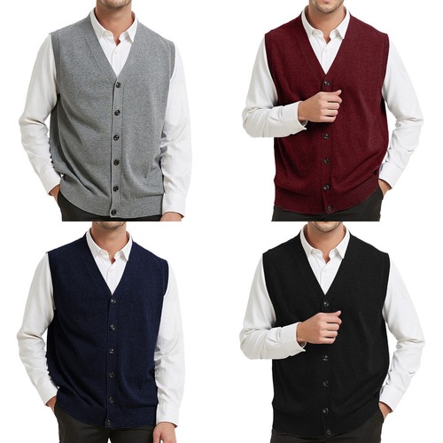 Men's Sweater Vest Cashmere Wool Blended V Neck Sleeveless Button