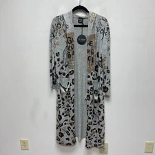 Inoah Gray Cheetah Graphic Long Sleeve Open Front Hooded Cardigan XS $110 New