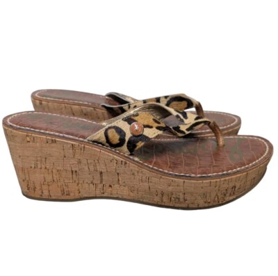 Sam Edelman Romy Leopard Hide On Sandal Womens Cork Wedge Platform Flip  Flops