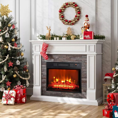 44" Electric Fireplace with Mantel, 1400W Freestanding Fireplace Heater White