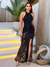 High Neck Shiny Sequin LongProm Dress Backless HollowOut Front Slit Sleeveless E