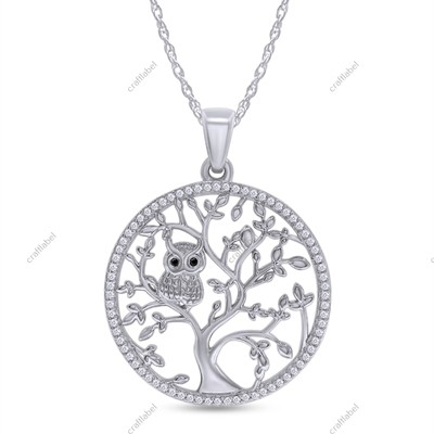 Owl Tree Of Life Pendant Necklace Black & White Cubic Zirconia Sterling Silver