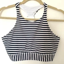 Athleta Striped Blue White High Moon Bra Breathable Low Support for B-C Cup Sz L