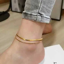 18K Gold Plated Stainless Steel Double Layer Anklet Herringbone Box Chain Women