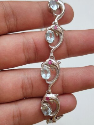 Natural Blue Topaz Bracelet Dolphin Bracelet 925 Sterling Silver Unique Bracelet