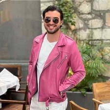 New Men's Pink Motorcycle Biker Style Genuine handmade Leather Jacket