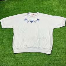 Vintage 70's Womens Club USA Embroidered Flower T-Shirt Blue Size XL Made in USA