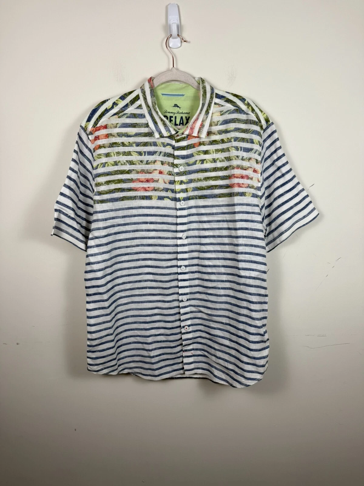 Tommy Bahama Linen Striped Floral Vacation Beach Shirt Size XL