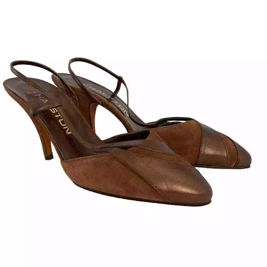 NWOT Halston Vintage Brown Suede Bronze Leather Slingback Heels eBay