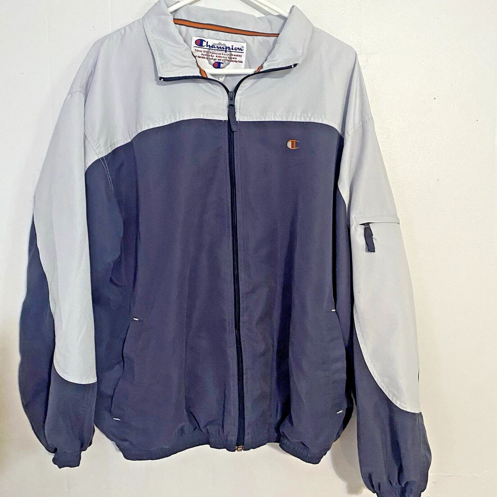 OFF WHITE Giacca Champion Uomo Large Blu Bianco Spegnivento Zip Intera Y2K Vintage