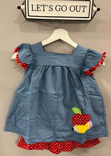 2pc Mia Belle Girls Apple & Pencil Dress w/Polka Dot Shorts Size 2XL (7/8 Years) - Picture 3 of 14