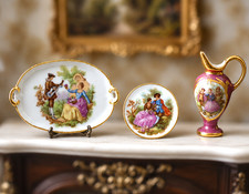 3 vintage Limoges France Dollhouse Miniature porcelain tray plate urn set 1:12