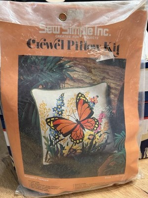 Vtg Butterfly Crewel Pillow Kit Monarch Garden Flowers Sew Simple MISSING NEEDLE
