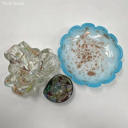 Art Glass 3 Piece Lot Murano Style Bowl Vase Paperweight Multi-Color Vintage
