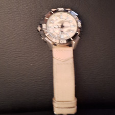 Unisex Analog Armbanduhr rund, beige Textilarmband, schwarze Lünette