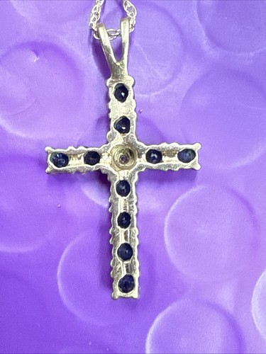 ❤️ 10K Yellow Gold Simulated Sapphire Cross Pendant Necklace 1.7 Gr. - Picture 10 of 12