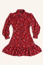 New Look Red Floral Mini Shirt Dress Size 14 Puff Sleeve Ruffle Hem