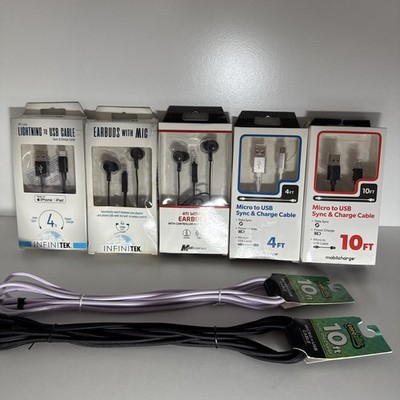 7 PC - Infinitek Black Earphones Earbuds, lightning charger, micro to usb