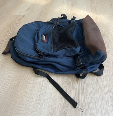 Vintage 90s Eastpak USA Navy Blue Leather Bottom Backpack