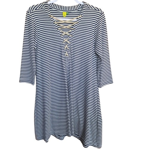 Farm Rio womens Dress Medium Blue White Shift Tie Striped Casual Brazil Navy L/S