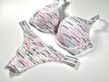 VICTORIA'S SECRET PINK Push-Up Bra  Panty Set 34D Logo Print Script