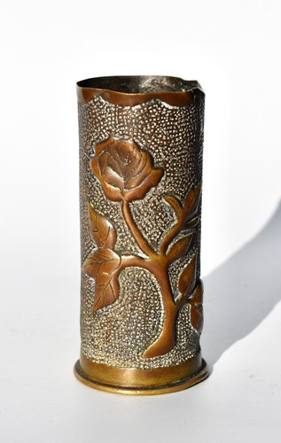 Antique French WWI Trench Art Vase - Floral and Monogram