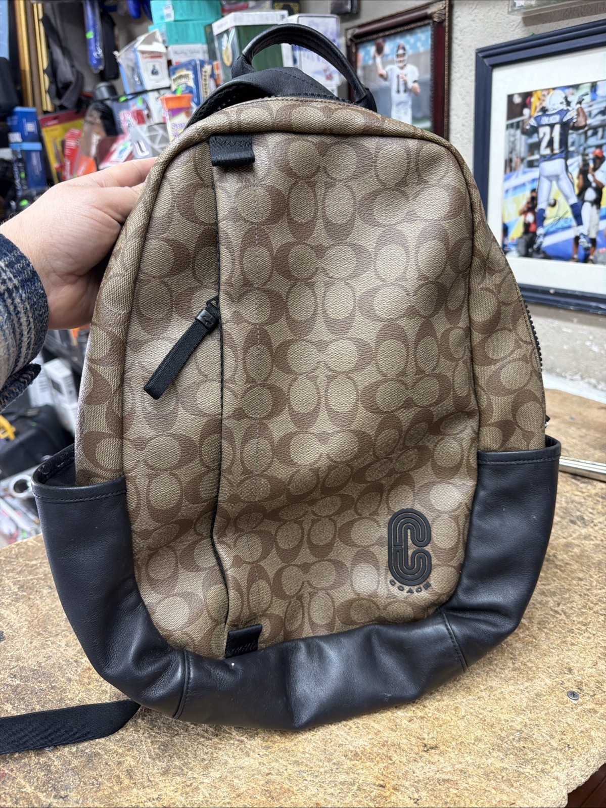 Bag Beige Black Logo Print Zip Adjustable Strap Pockets