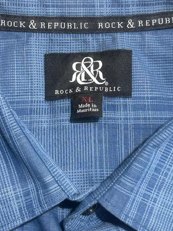 Rock & Republic Mens Geometric Plaid Blue Short Sleeve Button Down Shirt Size XL - Image 3 of 4