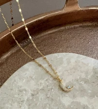 Opal Moon Charm Necklace Celestial Necklace Opal Pendant Necklace Crescent Charm