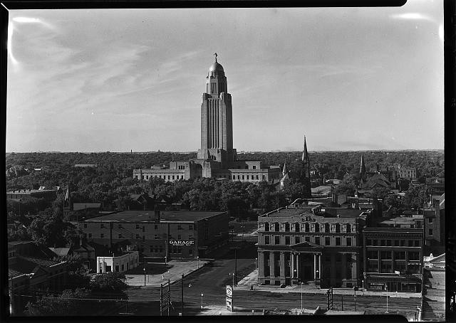 Nebraska State Capitol, Lincoln, Nebraska. General view from university, a.m.