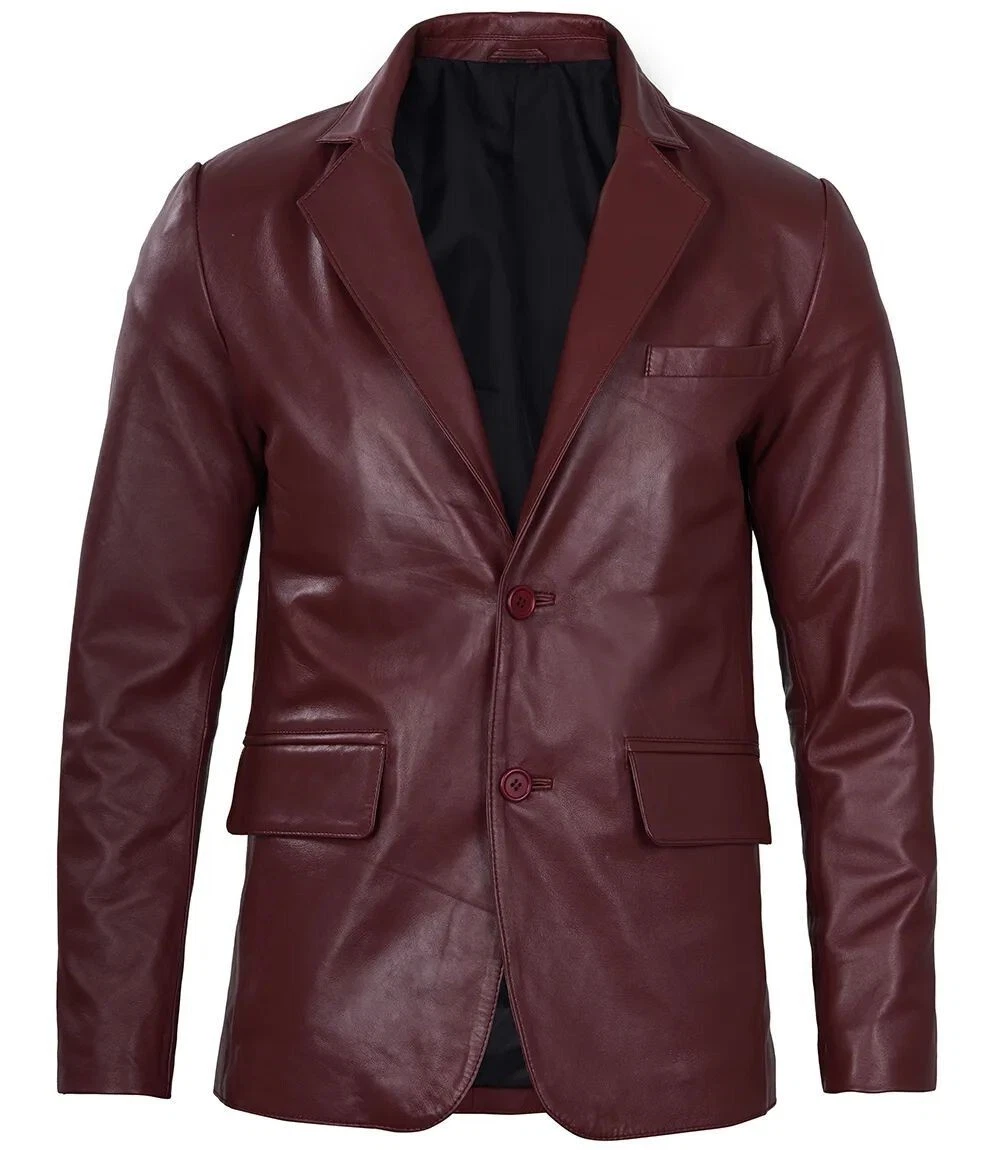 Blazer En Cuir D'agneau Véritable Pour Homme - Rouge Bordeaux - Coupe Classique, Fait Main