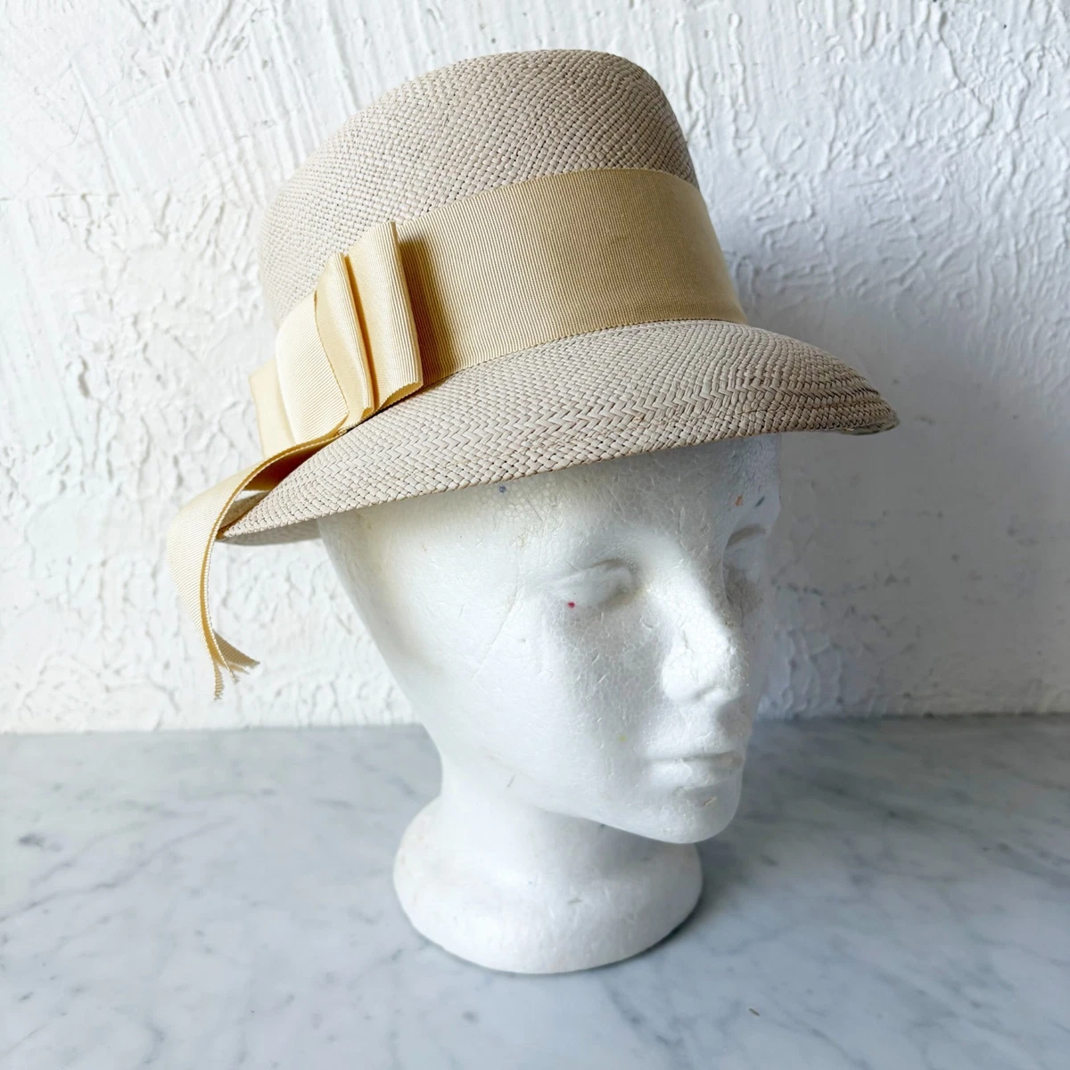Genuine Panama Straw Hat Cloche Wide Brim Cream Grosgrain Ribbon Bow Vintage Vintage 1930s 18 inch Wide Brim Hat, Natural Straw with Open  main image 4