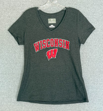 NEW! Fanatics University of Wisconsin Badgers Womens Medium T-Shirt Gray V-Neck