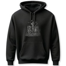 Haunted House Hoodie  Spooky Mansion Bats  Moon Gothic Pullover Hoodie