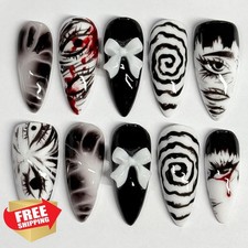 30Pcs Gothic Almond Press On Nails Punk Anime Black White Bow 24 Pcs