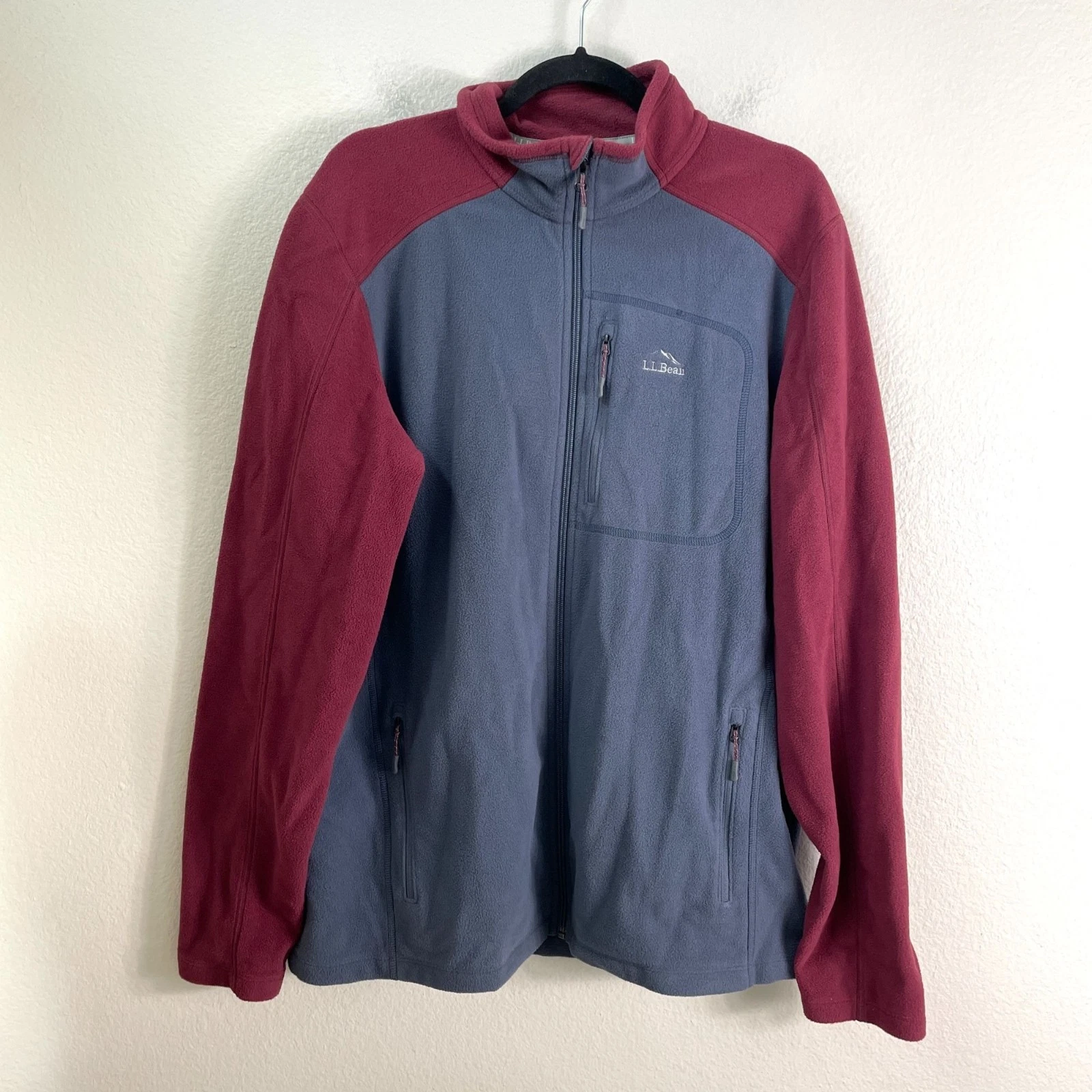 LL Bean Mens Large Tall Slightly Fitted Fleece Jacket Full Zip Up Gray Burgundy