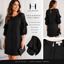 Halston Black Shift Dress XS Petite Lace Ruffle Sleeve Keyhole Back Career