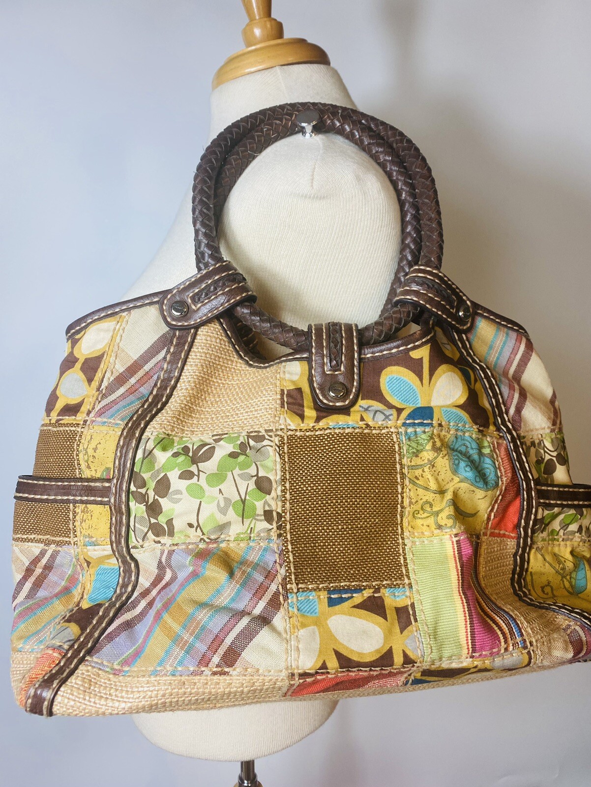 Fossil Round Leather Handle Patch Work Purse - image 2