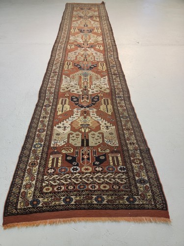 Antique Oriental Hand-Knotted Wool Runner Serapi Design Rust/Ivory 3'1" x 16'