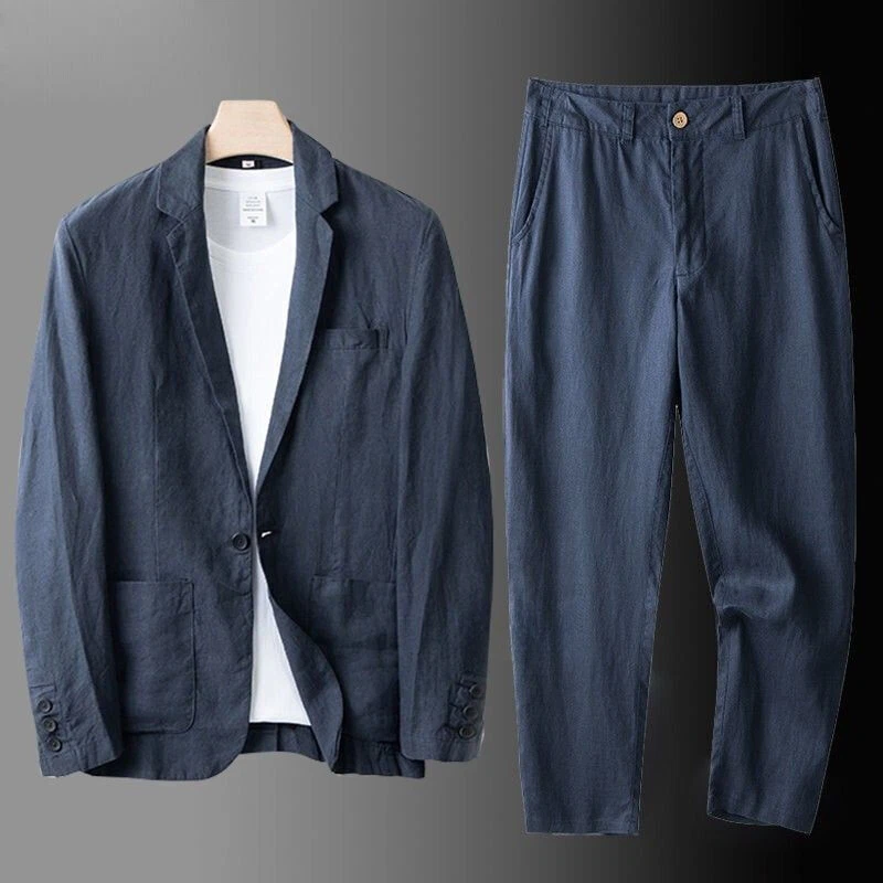 Conjunto de 2 piezas Traje de un botón para hombre Algodón Lino Causal Blazer Pantalones Abrigo Chaqueta Verano Foto 2 de 4