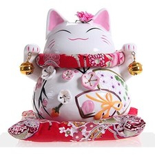5.9" Maneki Neko Japanese Lucky Cat Two Bells Ornately Decorated Ornaments