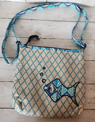 Vera Bradley ''Go Fish Blue'' Straw Beach Cross Body Bag Purse READ