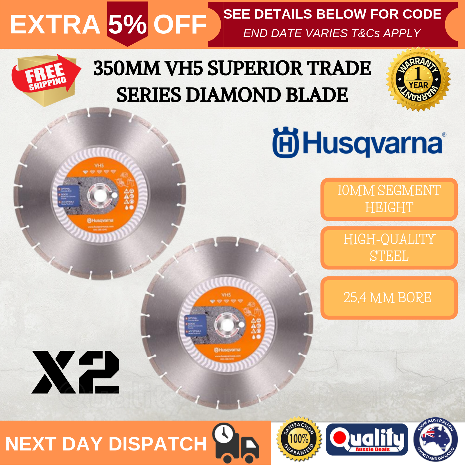 Set of 2 Husqvarna Diamond Blade 350mm VH5 Promo Superior Trade Series