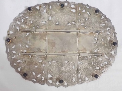 VINTAGE LEONARD SILVERPLATE EXPANDING ADJUSTABLE FOOTED TRIVET w/ FLORAL PATTERN - Picture 5 of 10