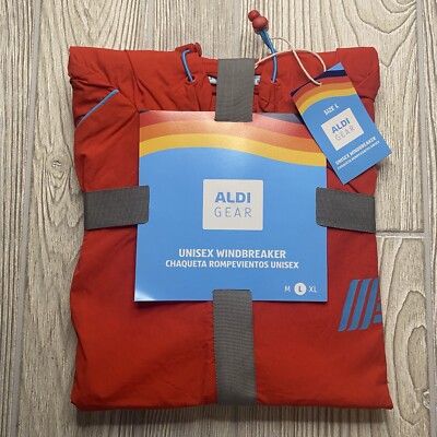 Aldi Gear 2024 Unisex Windbreaker Logo Full Zip Jacket Size L Red Pockets NWT