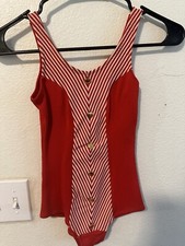 60s little girl's swimsuit size 7T 8T - red color gold buttons