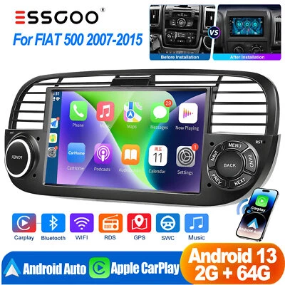 ESSGOO 7" 64G Apple Carplay For Fiat 500 2007-2015 Car Radio Stereo Android 13 GPS RDS